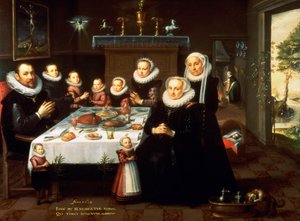 Een portret van een familie die bidt voor een maaltijd, 1602